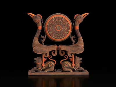 Ancient Carved Artifact With Bird Shaped Supports Circular Decorative Disc And Intricate Patterns 3d model
