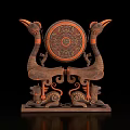 Ancient Carved Artifact With Bird Shaped Supports Circular Decorative Disc And Intricate Patterns