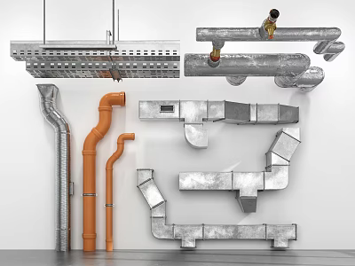 Industrial Metal And Copper Pipes With Bent Straight Fittings And Components 3d model