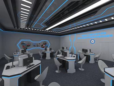 High-Tech Modern Conference Room With Multiple Computers Blue Lighting Desks Chairs And Displays 3d model