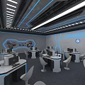 High-Tech Modern Conference Room With Multiple Computers Blue Lighting Desks Chairs And Displays