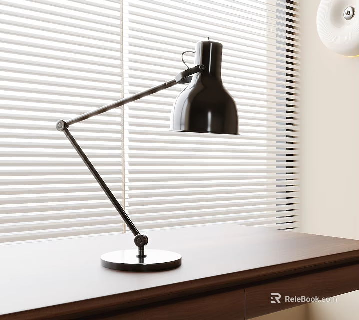 Modern Black Adjustable Arm Table Lamp on Wooden Desk with White Blinds 3d model 