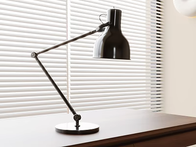Modern Black Adjustable Arm Table Lamp on Wooden Desk with White Blinds 3d model