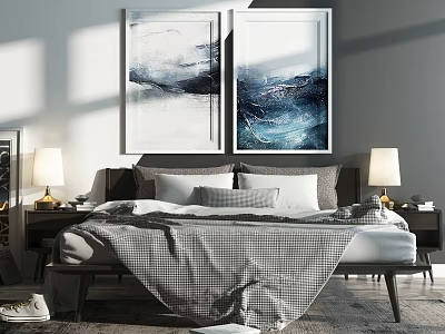 Modern Double Bed Interior With Plaid Comforter Pillows Bedside Lamps And Wall Paintings 3d model