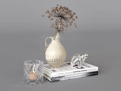 Decorative Ornament Set With White Vase Dried Flowers Crystal Candle Holder Silver Bear Ornament Books 3d model