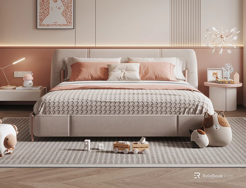 Cozy Kids Bed With Pink Beige Pillows Knitted Texture And Stuffed Toys On Striped Rug 3d model 