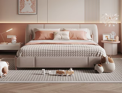 Cozy Kids Bed With Pink Beige Pillows Knitted Texture And Stuffed Toys On Striped Rug 3d model