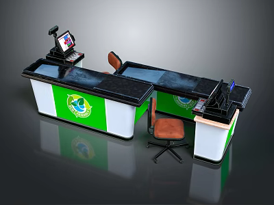 Green And White Reception Desk With Logo Computer Monitor And Orange Chair 3d model