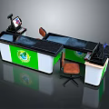 Green And White Reception Desk With Logo Computer Monitor And Orange Chair