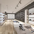 Shoe Store Interior with Shelves Display Tables Various Shoes Modern Lighting and Wooden Flooring