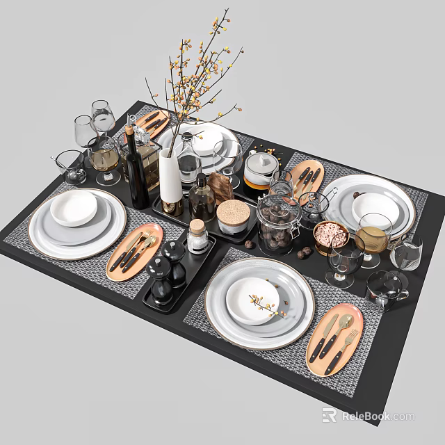 Elegant Dinnerware Set With White Plates Bowls Cutlery Glasses And Table Mats 3d model 