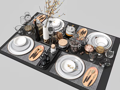 Elegant Dinnerware Set With White Plates Bowls Cutlery Glasses And Table Mats 3d model
