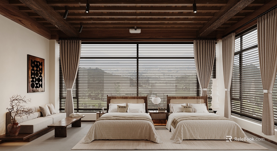 Cozy Hotel Guest Room With Wooden Ceiling Large Windows Blinds And Two Beds 3d model 