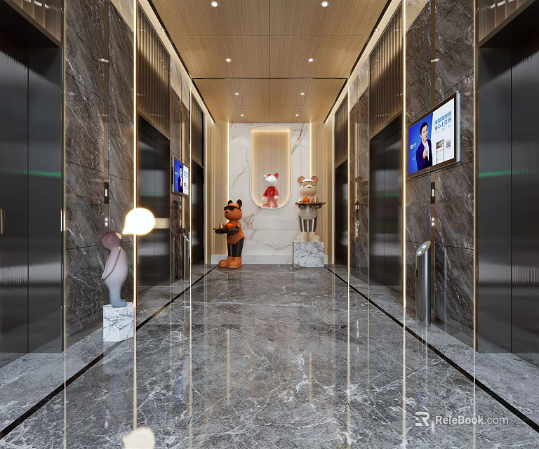 Modern Elevator Lobby Design With Marble Floor Recessed Lighting Decorative Elements And Digital Screens 3d model