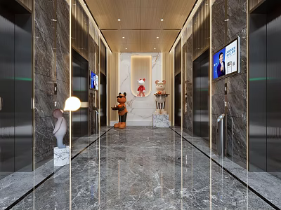 Modern Elevator Lobby Design With Marble Floor Recessed Lighting Decorative Elements And Digital Screens 3d model