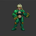 Cartoon Style Game Movie Character With Blonde Hair Green Mecha Armor And Red Goggles