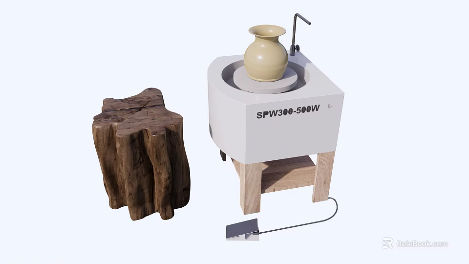 Smart Machine With Clay Pot On White Platform And Wooden Stump Design 3d model 