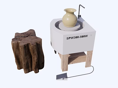 Smart Machine With Clay Pot On White Platform And Wooden Stump Design 3d model