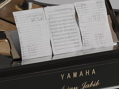YAMAHA Piano With Sheet Music Placed On Top For Musical Practice And Learning 3d model