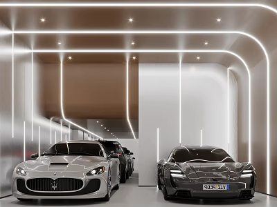 Modern Luxury Garage Interior Design With High-End Sports Cars And LED Strip Lighting 3d model