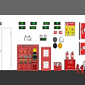Fire Safety Equipment Setup Featuring Red Cabinets Extinguishers White Doors And Wall Signs