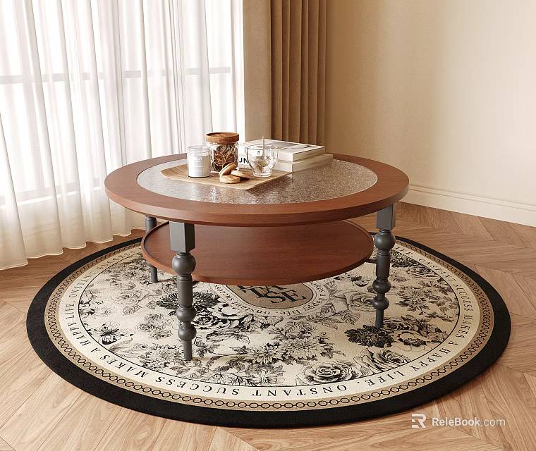 Round Wooden Coffee Table With Glass Top Metal Legs On Decorative Living Room Rug 3d model 