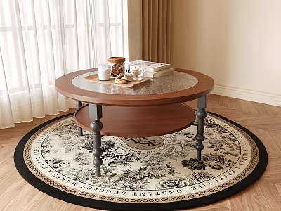 Round Wooden Coffee Table With Glass Top Metal Legs On Decorative Living Room Rug 3d model