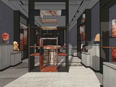 Elegant Specialty Store Interior With Display Cabinets Wooden Shelves And Stone Sculptures 3d model
