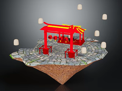 Floating Island With Red Chinese Pavilion Red Tables Chairs White Lanterns And Stone Pavement 3d model