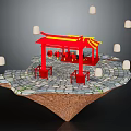 Floating Island With Red Chinese Pavilion Red Tables Chairs White Lanterns And Stone Pavement