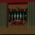 Traditional Chinese Dining Room Interior With Round Table Chairs Green Curtains And Decorative Wall Art