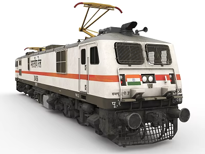 Indian Electric Train With White Body Red Stripe Front Grille Headlights And Pantograph 3d model