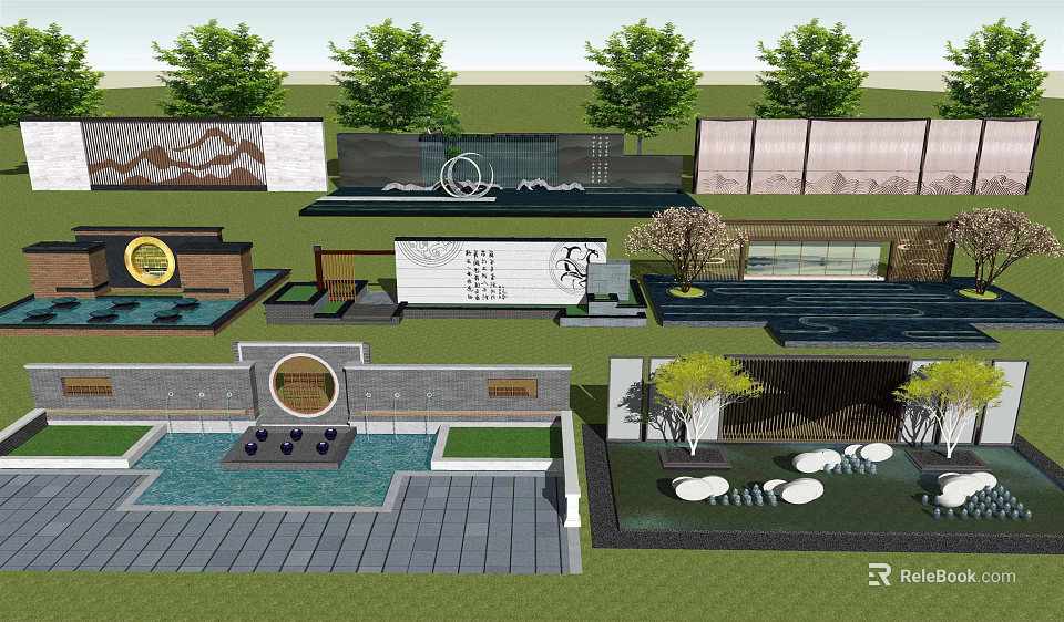 Creative Landscape Wall Design Ideas With Rock Patterns Circular Decor And Water Features 3d model