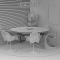 Round Dining Table Set With Gold Gray Chairs Sculpture Chandelier And Area Rug