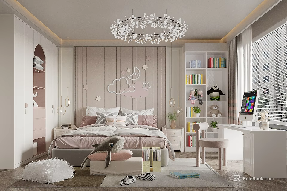 Kids Room Interior With Pink Bed White Bookshelf Desk And Decorative Chandelier 3d model 