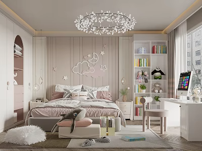 Kids Room Interior With Pink Bed White Bookshelf Desk And Decorative Chandelier 3d model