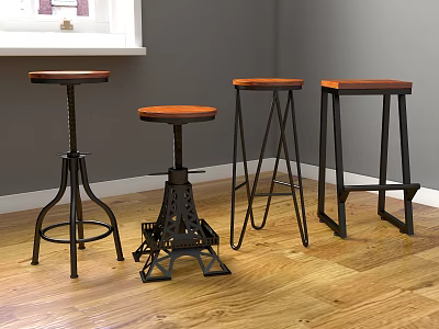 Stylish Bar Stools In Various Designs With Wooden Seats And Metal Frames On Wooden Floor 3d model