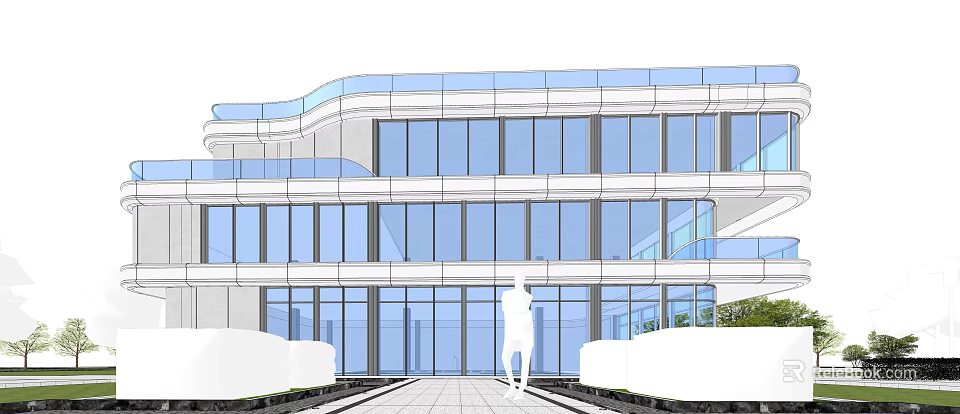 Modern Multi Storey Office Building With Glass Curtain Walls And Landscaped Entrance 3d model 