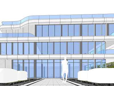 Modern Multi Storey Office Building With Glass Curtain Walls And Landscaped Entrance 3d model