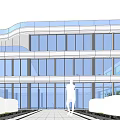 Modern Multi Storey Office Building With Glass Curtain Walls And Landscaped Entrance