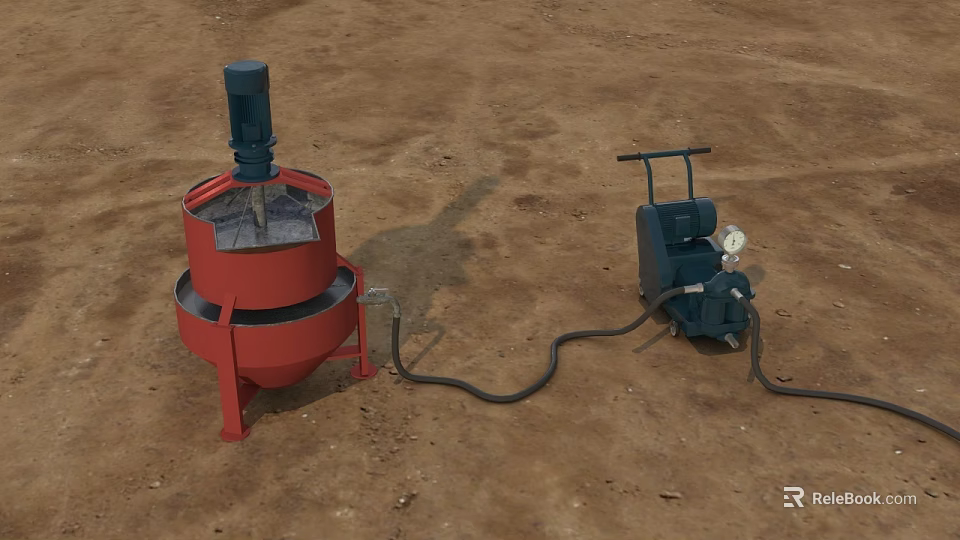 Industrial Mixing Tank And Blue Power Unit With Hose On Dirt Ground 3d model 