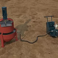 Industrial Mixing Tank And Blue Power Unit With Hose On Dirt Ground