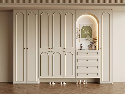 Modern Light Beige Shoe Cabinet With Arched Doors Drawers And Decorative Niche 3d model