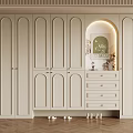 Modern Light Beige Shoe Cabinet With Arched Doors Drawers And Decorative Niche