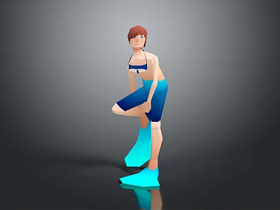 3D Game Movie Character With Brown Hair Blue Outfit And One Leg Bent Pose 3d model