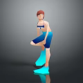 3D Game Movie Character With Brown Hair Blue Outfit And One Leg Bent Pose