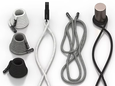 White Gray Black Ropes With Knots Loops And End Caps Set 3d model