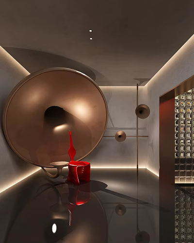 Modern Sophisticated Restaurant With Round Mirror Decor Red Accents Wine Cabinet And Elegant Lighting 3d model