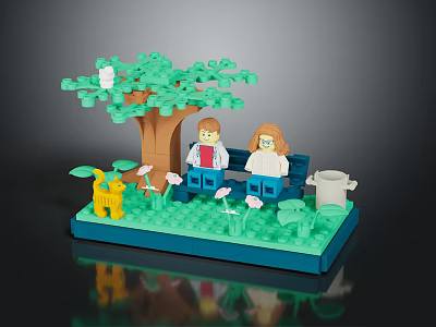 Lego Park Bench With Two People Sitting Tree Cat And Trash Can 3d model