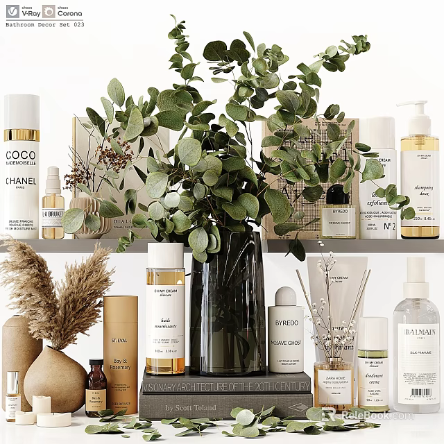 Daily Skincare And Bath Essentials On Organized Shelf With Eucalyptus Plant And Pampas Grass 3d model 